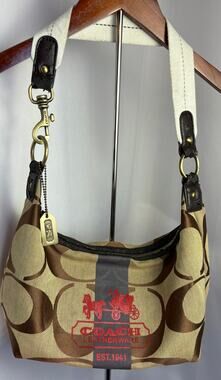 Coach Signature C Jacquard Hobo Shoulder Bag Khaki Brown Leather Vintage